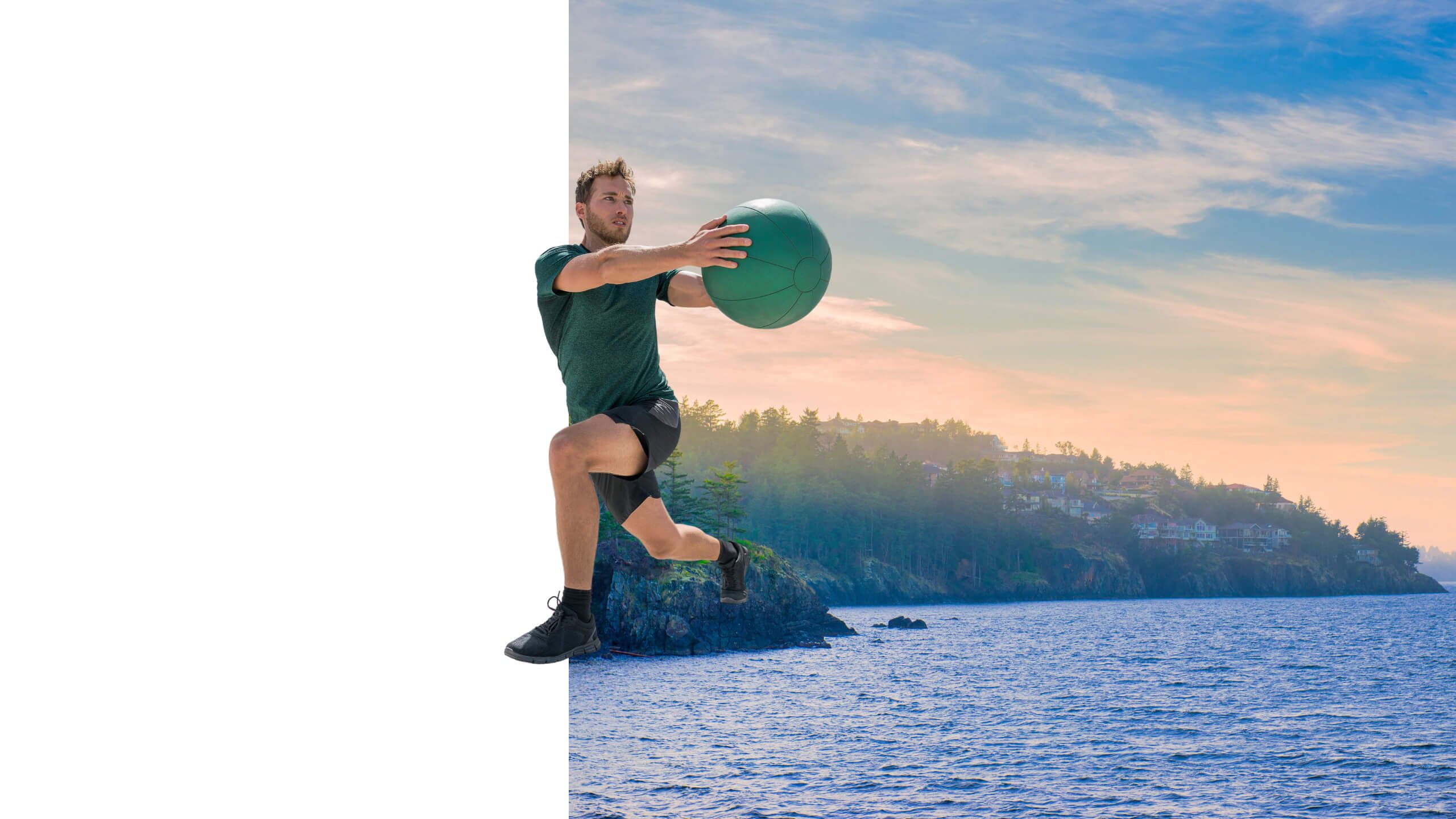 Athlete with Medicine ball with Vancouver Island shoreline in the background - Upstream Athletics