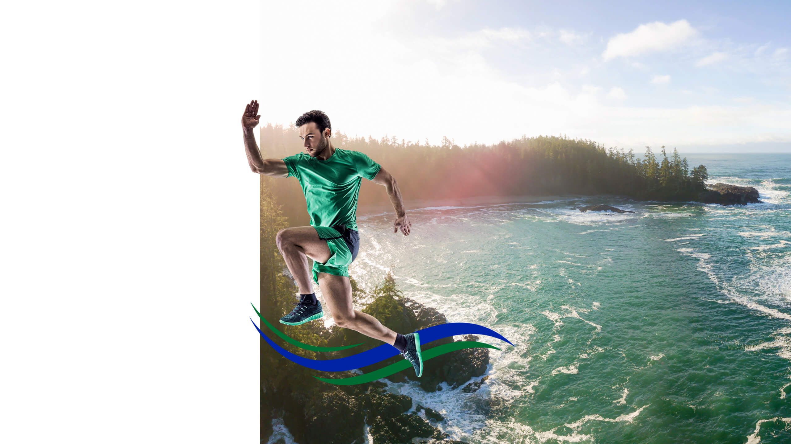 Upstream Athletics hero image athlete graphic in green and blue with background of Vancouver Island shoreline