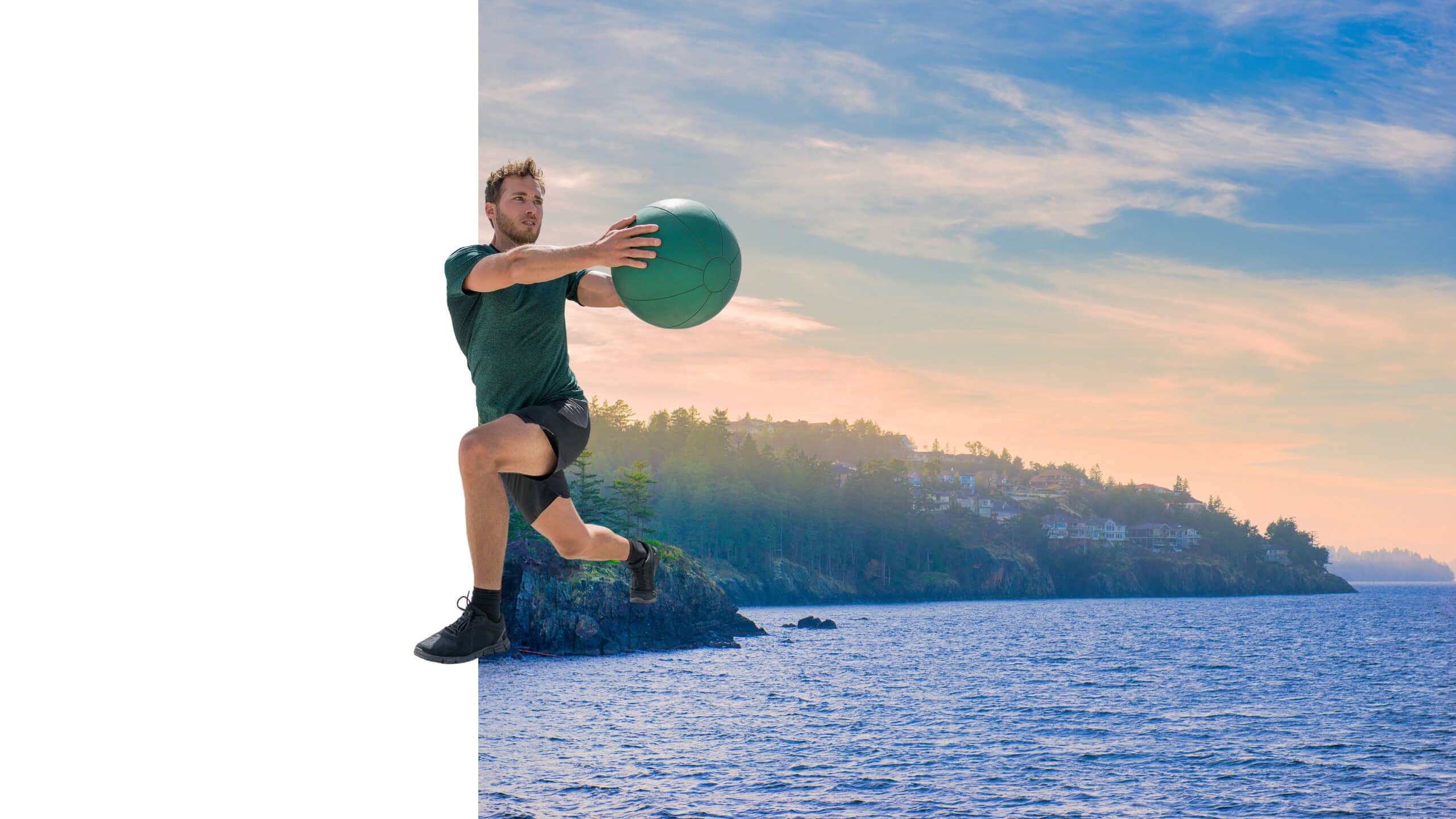 Athlete with Medicine ball with Vancouver Island shoreline in the background - Upstream Athletics