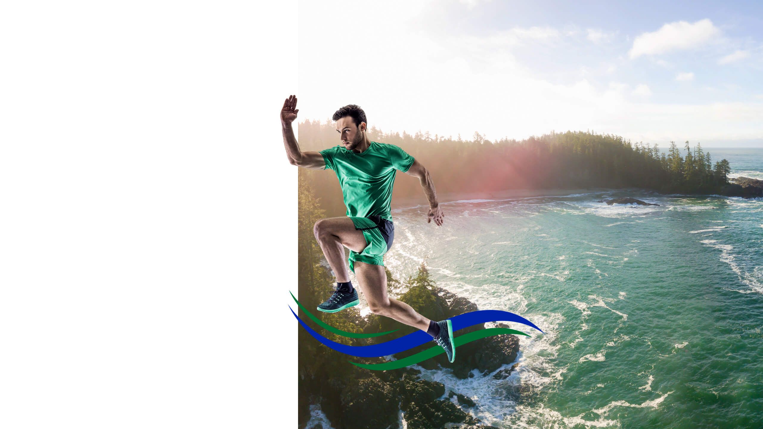 Upstream Athletics hero image athlete graphic in green and blue with background of Vancouver Island shoreline