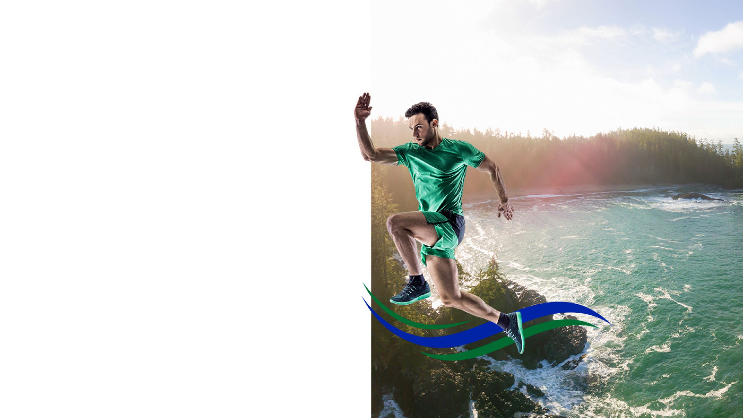 Upstream Athletics hero image athlete graphic in green and blue with background of Vancouver Island shoreline